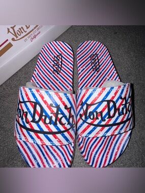 Von Dutch✨🤍❤️💙 Red White Blue Striped Slide Sandals